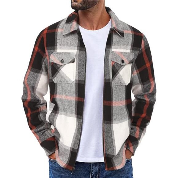 Men Flannel Jackets Full Zip Up Plaid Shirt Shackets Cotton Lightweight Jackets - Picture 1 of 6